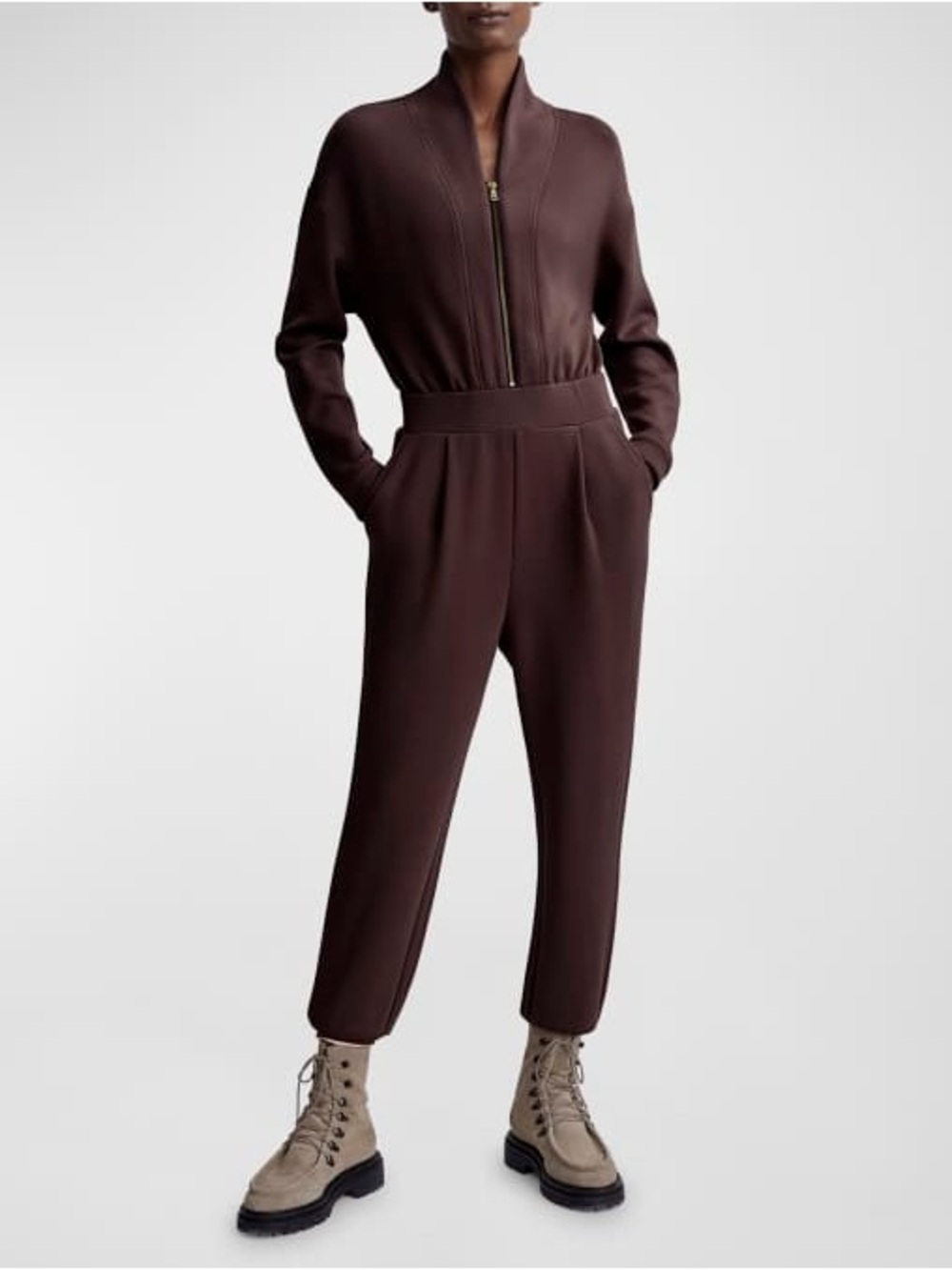 Varley Talia Long-Sleeve Zip-Front Jumpsuit in Deep Brown